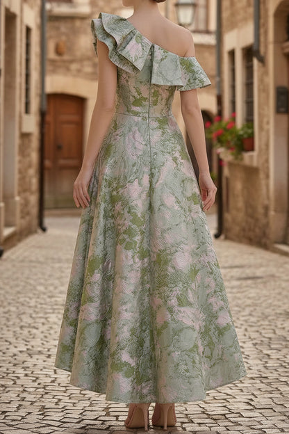 Asymmetrical-Neck Ruffled Jacquard Satin Pleated Ankle-Length A-Line Mother of the Bride Dress