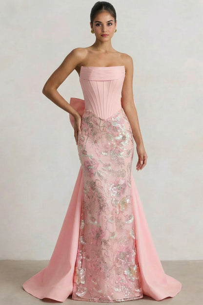 Tube Top Sleeveless Floor-Length Sequined Applique Satin Pleated Mermaid Formal Prom Dress