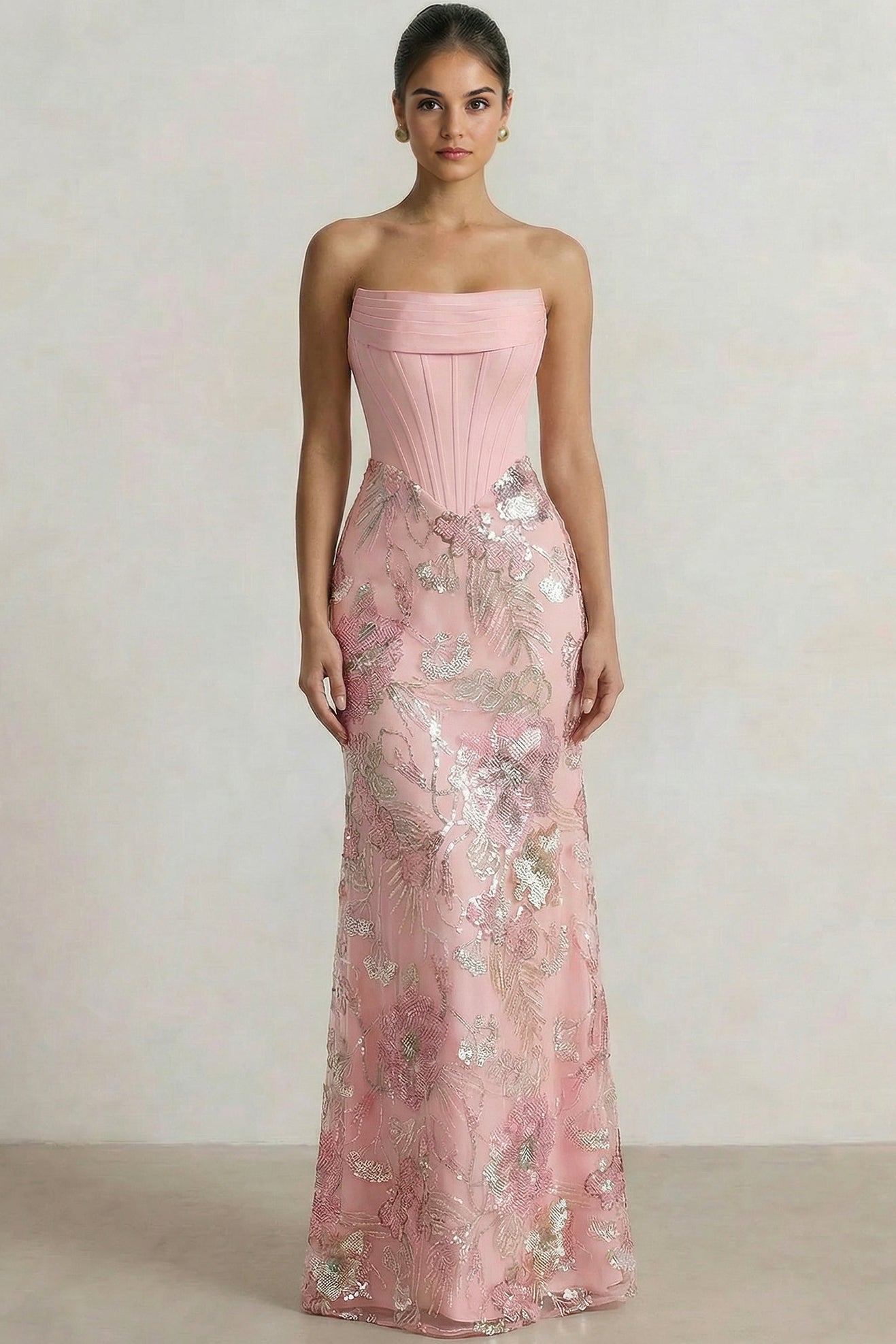 Tube Top Sleeveless Floor-Length Sequined Applique Satin Pleated Mermaid Formal Prom Dress