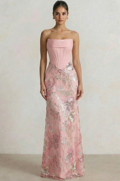 Tube Top Sleeveless Floor-Length Sequined Applique Satin Pleated Mermaid Formal Prom Dress