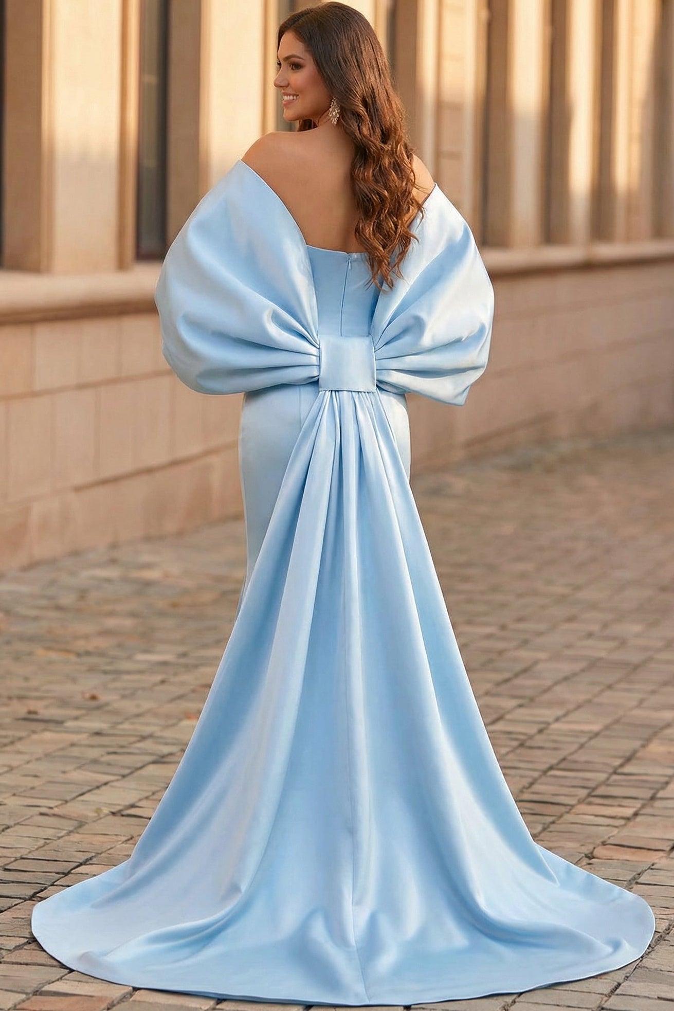 Tube Top Off-Shoulder Sleeveless Satin Floor-Length Mermaid Evening Dress with Big Bow