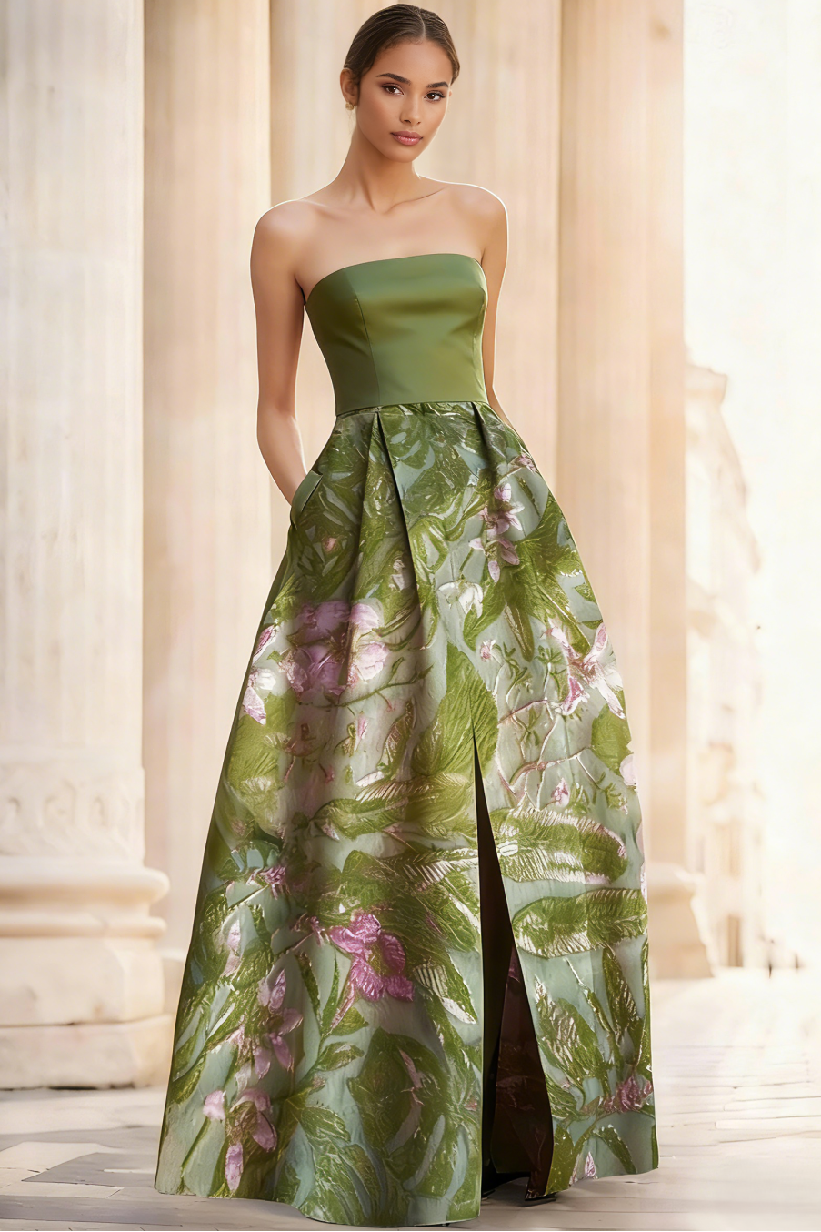 Tube Top Sleeveless Floor-Length Jacquard Satin Pleated A-Line Evening Dress with Slit