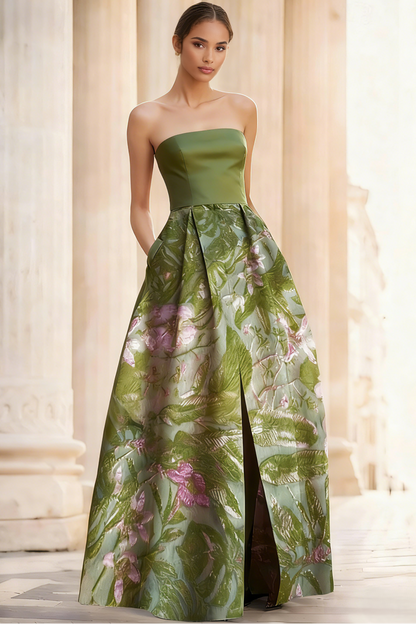 Tube Top Sleeveless Floor-Length Jacquard Satin Pleated A-Line Evening Dress with Slit