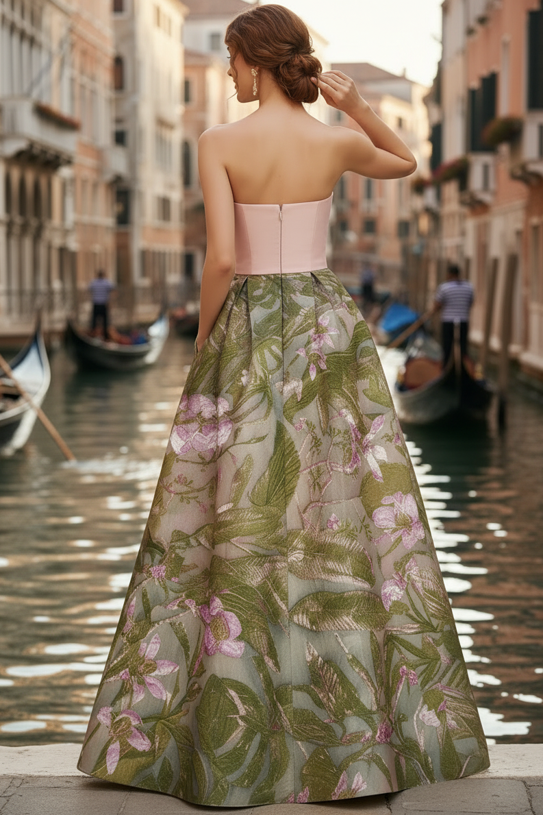 Tube Top Sleeveless Floor-Length Jacquard Satin Pleated A-Line Evening Dress with Slit