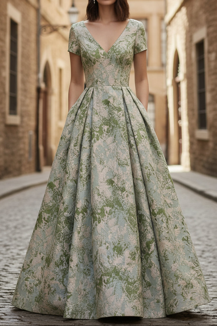 V-Neck Cap-Sleeves Floor-Length Jacquard Satin Pleated A-Line Mother of the Bride Dress