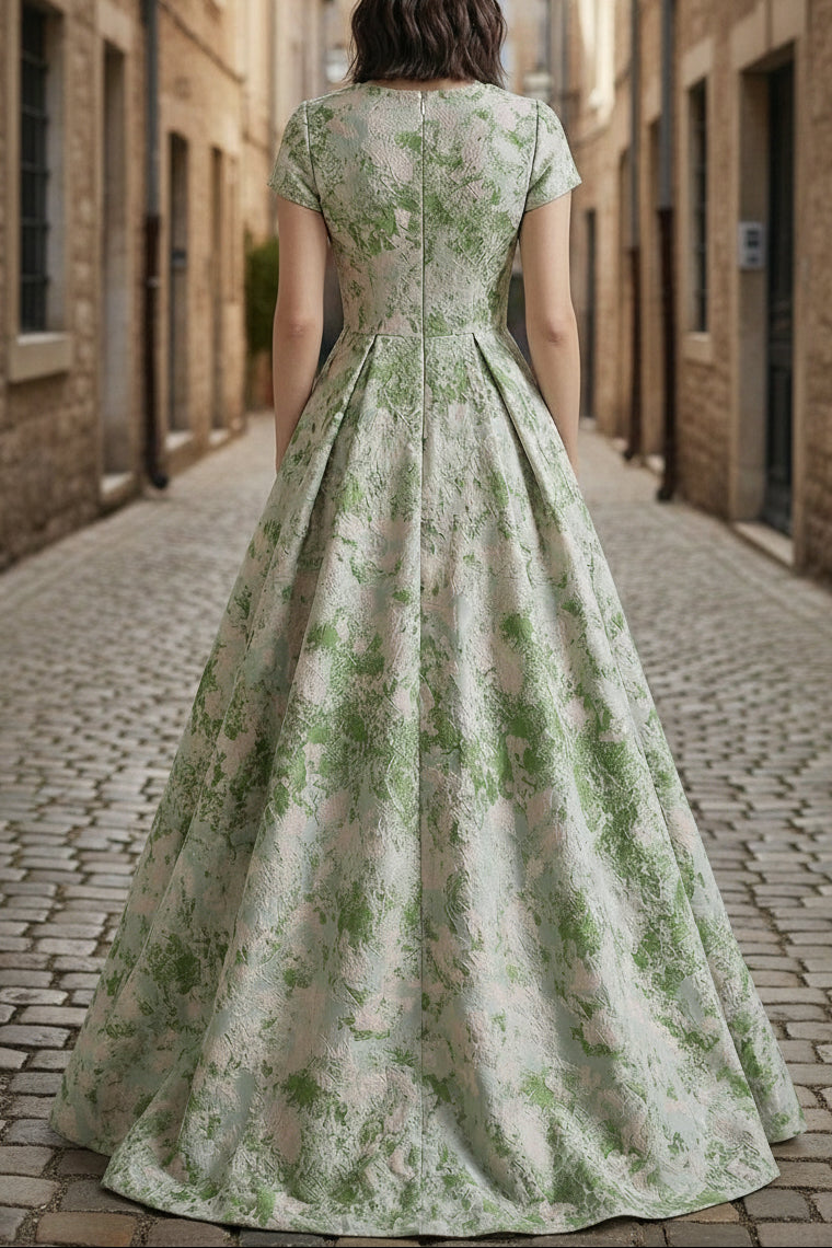 V-Neck Cap-Sleeves Floor-Length Jacquard Satin Pleated A-Line Mother of the Bride Dress