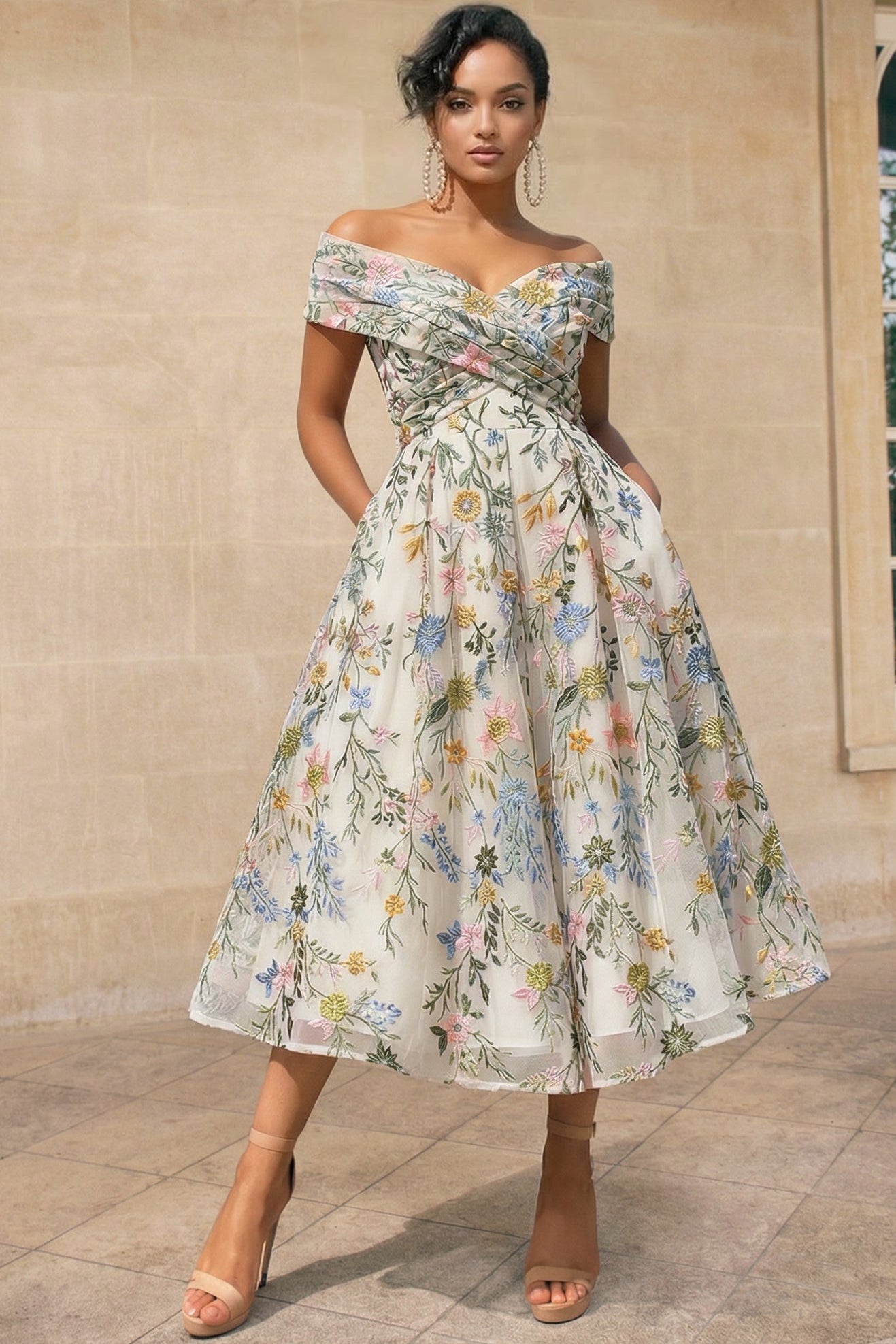 V-Neck Off-Shoulder Sleeveless Jacquard Tulle Pleated Ankle-Length A-Line Formal Cocktail Dress