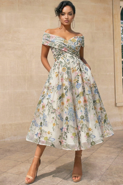 V-Neck Off-Shoulder Sleeveless Jacquard Tulle Pleated Ankle-Length A-Line Formal Cocktail Dress