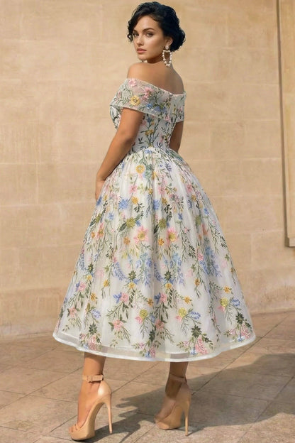 V-Neck Off-Shoulder Sleeveless Jacquard Tulle Pleated Ankle-Length A-Line Formal Cocktail Dress