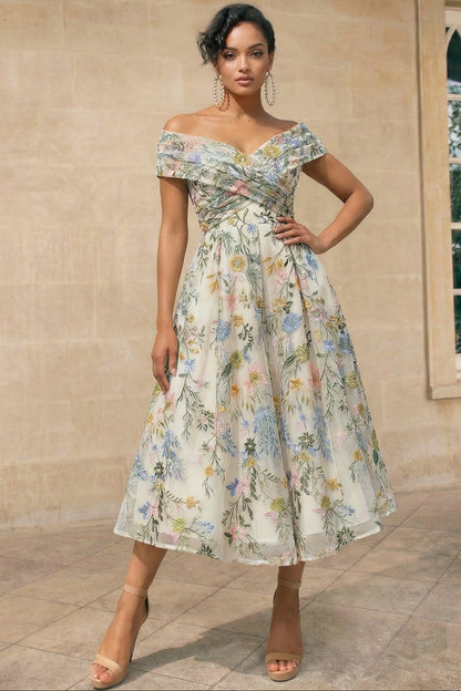 V-Neck Off-Shoulder Sleeveless Jacquard Tulle Pleated Ankle-Length A-Line Formal Cocktail Dress