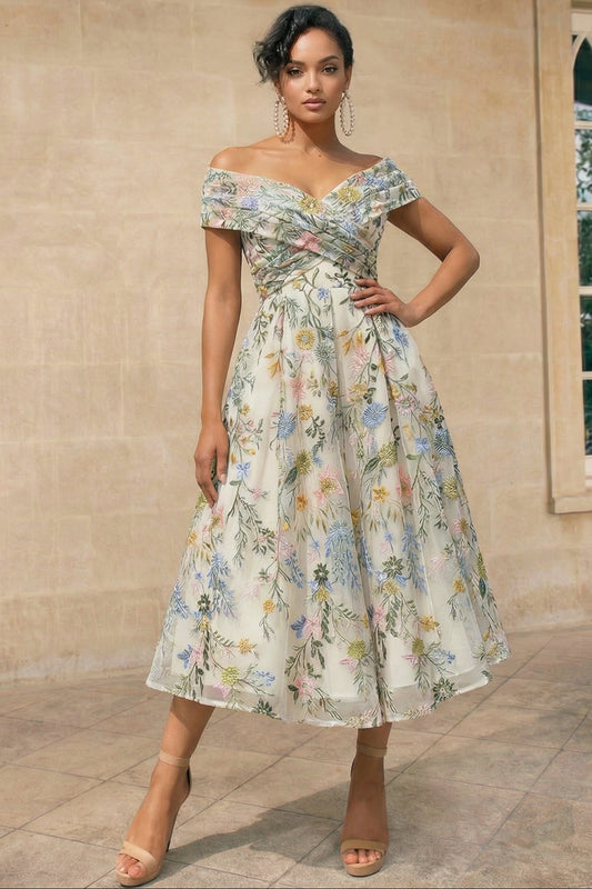 V-Neck Off-Shoulder Sleeveless Jacquard Tulle Pleated Ankle-Length A-Line Formal Cocktail Dress