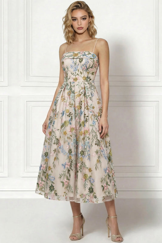 Tube Top Spaghetti Straps Jacquard Tulle Pleated Ankle-Length A-Line Cocktail Dress