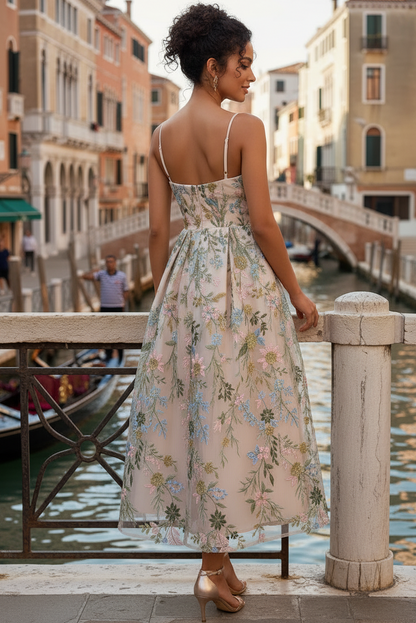 Tube Top Spaghetti Straps Jacquard Tulle Pleated Ankle-Length A-Line Cocktail Dress