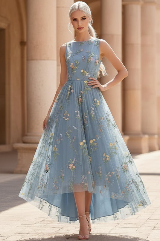 Scoop-Neck Sleeveless 3D-Floral Jacquard Tulle Pleated Ankle-Length High-Low A-Line Cocktail Dress