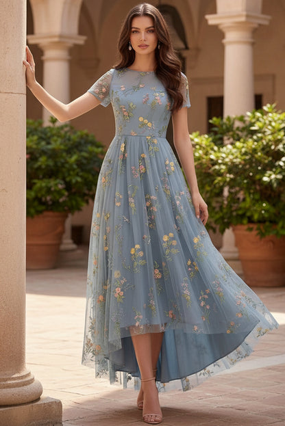 Scoop-Neck Short-Sleeves 3D-Floral Jacquard Tulle Pleated Ankle-Length High-Low A-Line Cocktail Dress