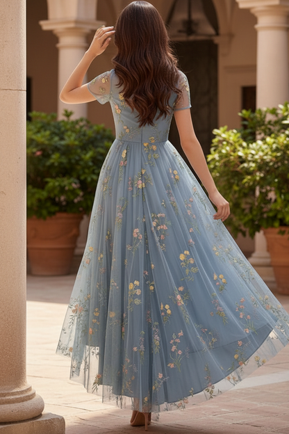 Scoop-Neck Short-Sleeves 3D-Floral Jacquard Tulle Pleated Ankle-Length High-Low A-Line Cocktail Dress