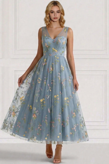 V-Neck Straps Sleeveless 3D-Floral Jacquard Tulle Pleated Ankle-Length A-Line Cocktail Dress