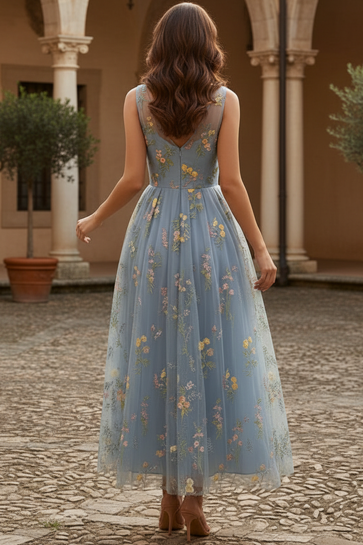 V-Neck Straps Sleeveless 3D-Floral Jacquard Tulle Pleated Ankle-Length A-Line Cocktail Dress