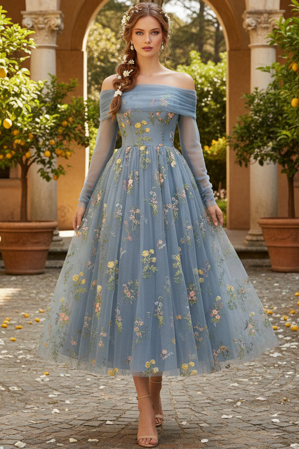 Bateau-Neck Long-Sleeves 3D-Floral Jacquard Tulle Pleated Ankle-Length A-Line Cocktail Dress