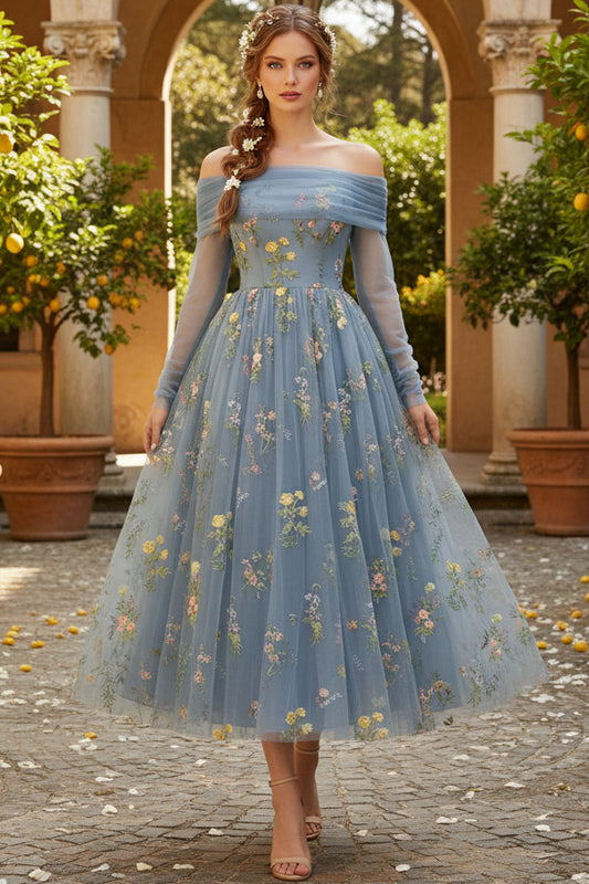 Bateau-Neck Long-Sleeves 3D-Floral Jacquard Tulle Pleated Ankle-Length A-Line Cocktail Dress