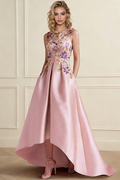 Off-Shoulder Scoop-Neck Floor-Length Jacquard Satin Pleated High-Low A-Line Evening Dress