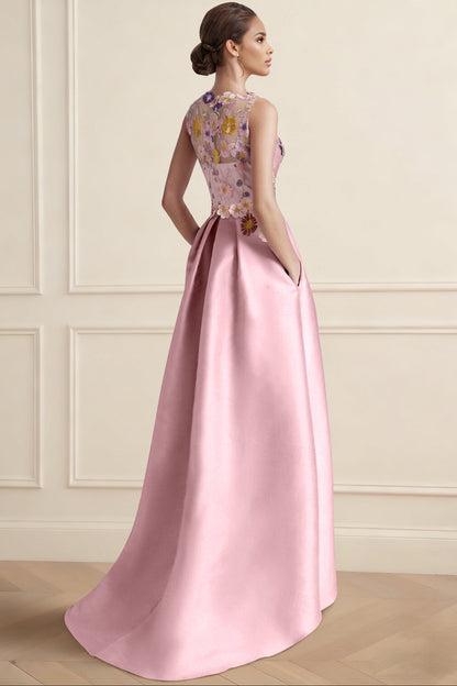 Off-Shoulder Scoop-Neck Floor-Length Jacquard Satin Pleated High-Low A-Line Evening Dress