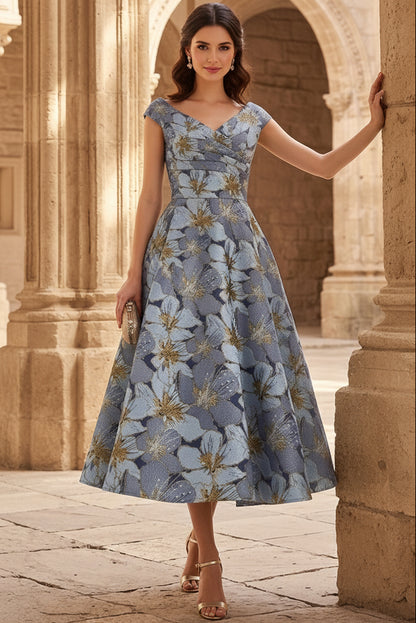 V-Neck Cap-Sleeves Jacquard Satin Pleated Tea-Length A-Line Cocktail Dress