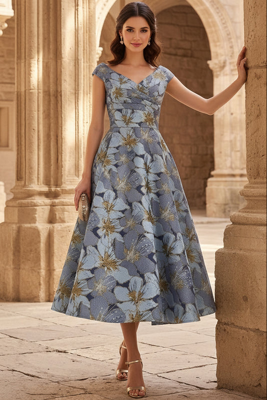 V-Neck Cap-Sleeves Jacquard Satin Pleated Tea-Length A-Line Cocktail Dress