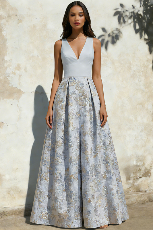 V-Neck Straps Sleeveless Floor-Length Jacquard Satin Pleated A-Line Evening Dress