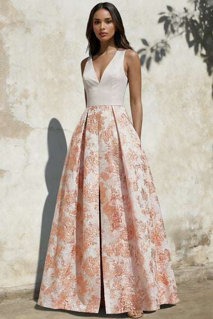 V-Neck Straps Sleeveless Floor-Length Jacquard Satin Pleated A-Line Evening Dress