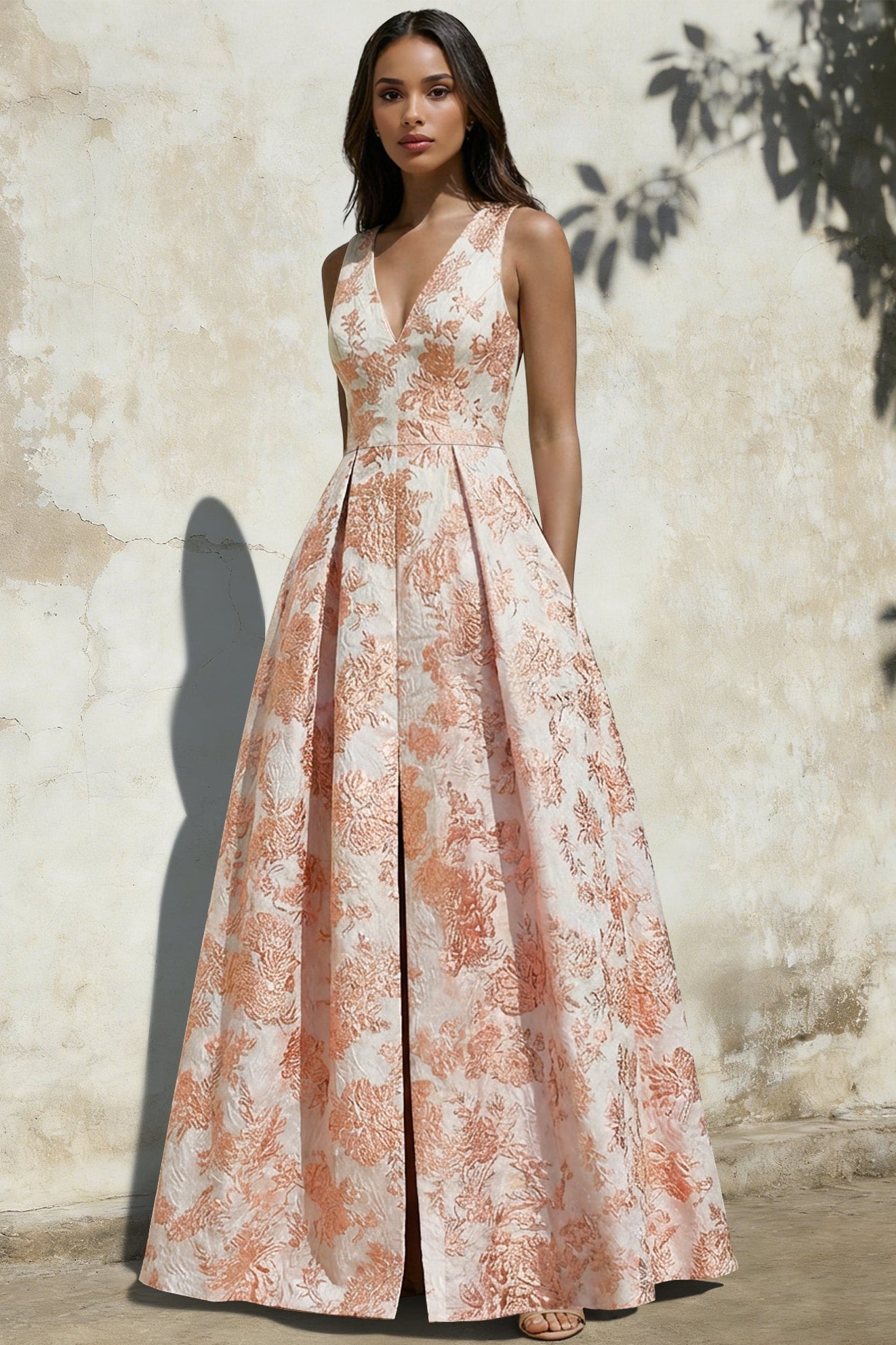 V-Neck Strap Sleeveless Floor-Length Jacquard Satin Pleated A-Line Evening Dress