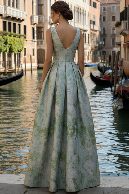 V-Neck Strap Sleeveless Floor-Length Jacquard Satin Pleated A-Line Evening Dress