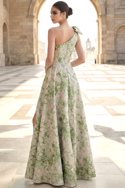 A-Line Asymmetrical-Neck Bow-Strap Jacquard Satin Pleated Evening Dress with High Slit