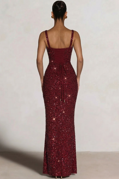 Square-Neck Straps Sleeveless Fully Sequined Beaded Floor-Length Mermaid Evening Dress