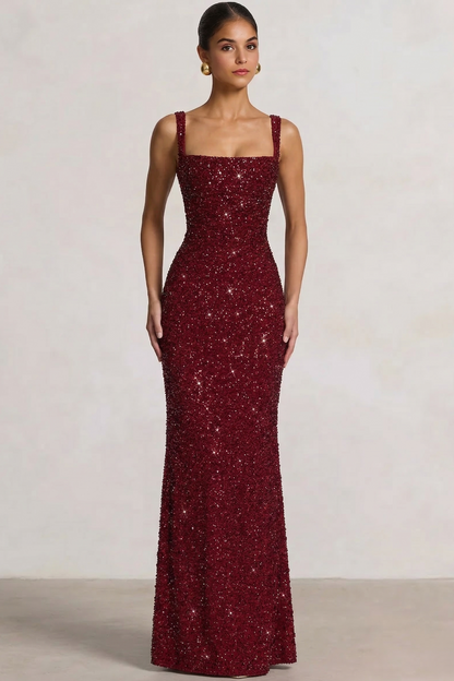 Square-Neck Straps Sleeveless Fully Sequined Beaded Floor-Length Mermaid Evening Dress