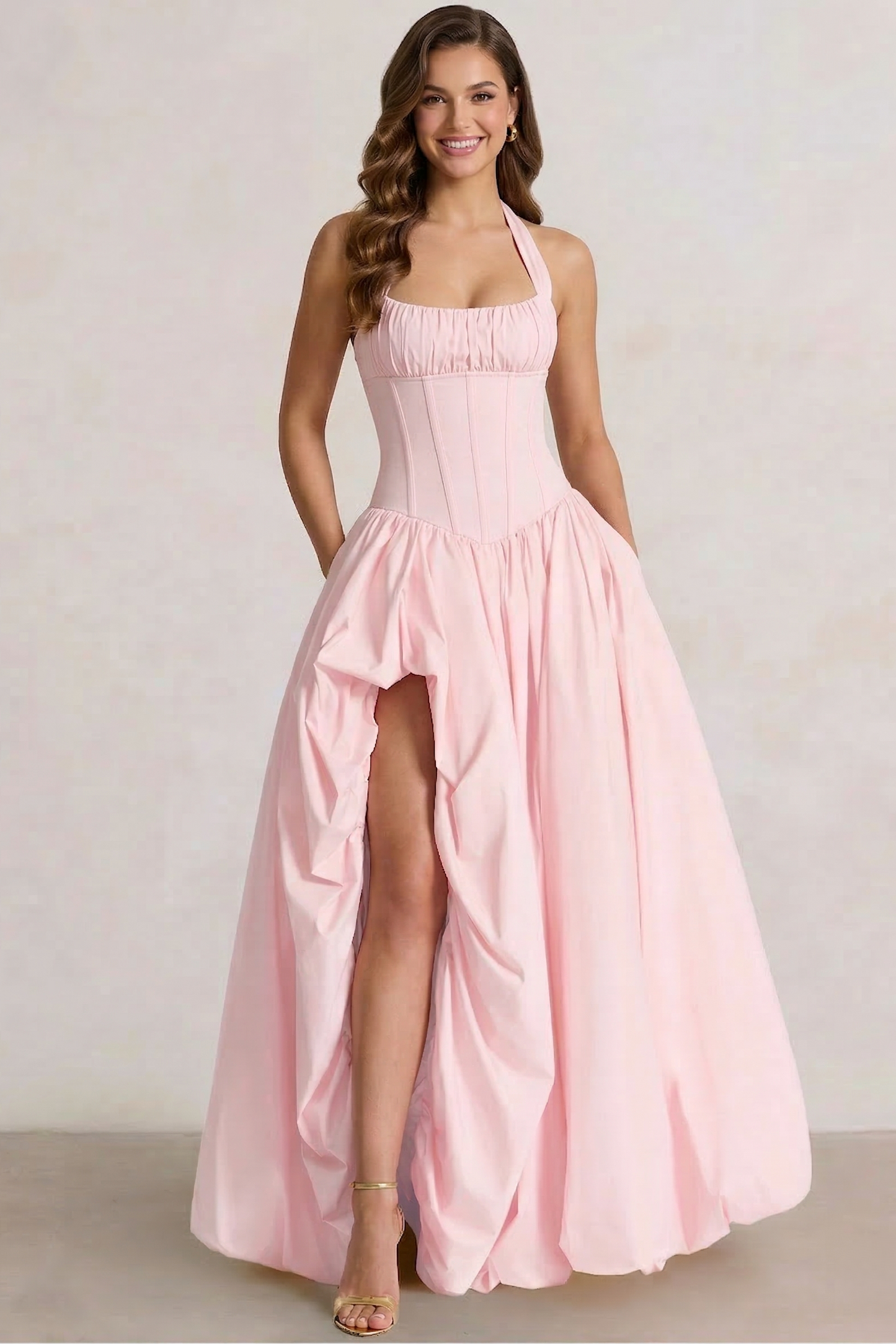 Halter-Neck Off-Shoulder Sleeveless Floor-Length Satin Pleated High Slit A-Line Prom Dress