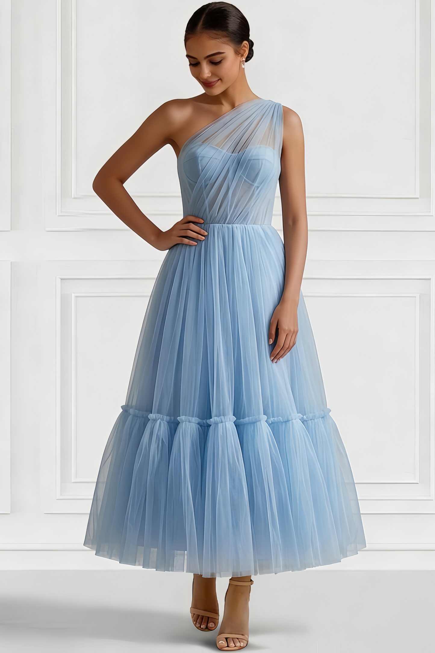 Asymmetrical-Neck One-Strap Sleeveless Ankle-Length Tulle Pleated A-Line Cocktail Dress