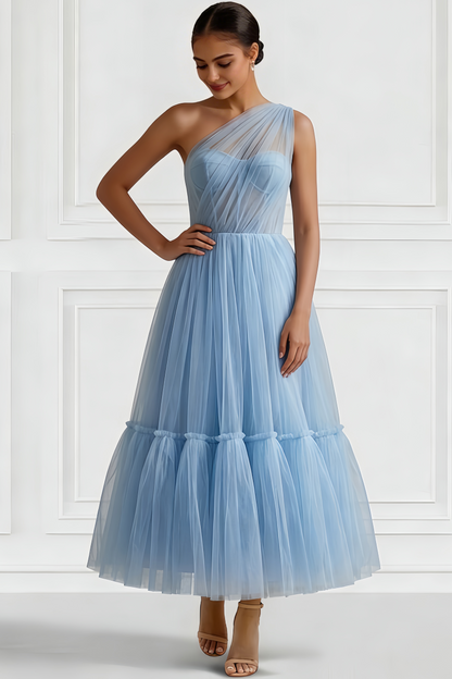 Asymmetrical-Neck One-Strap Sleeveless Ankle-Length Tulle Pleated A-Line Cocktail Dress