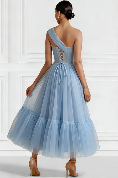 Asymmetrical-Neck One-Strap Sleeveless Ankle-Length Tulle Pleated A-Line Cocktail Dress