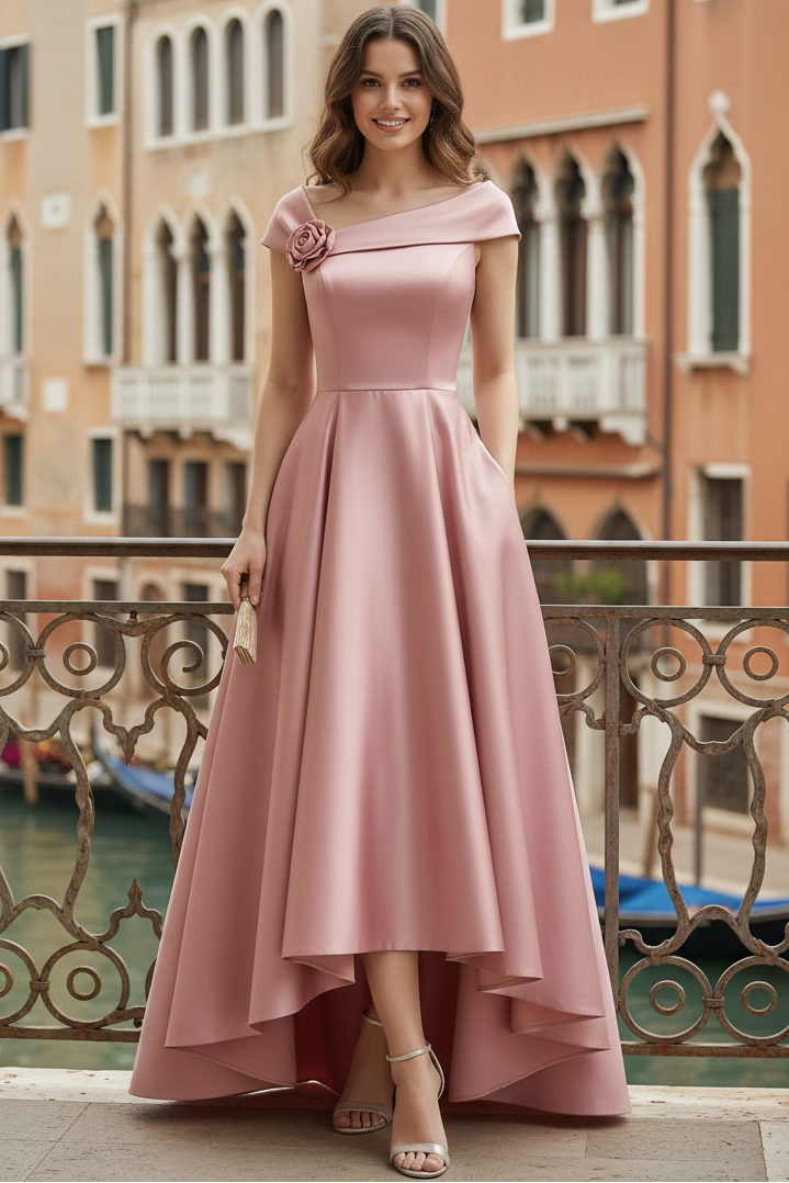 Asymmetrical-Neck Cap-Sleeves 3D-Floral Satin Pleated High-Low A-Line Evening Dress