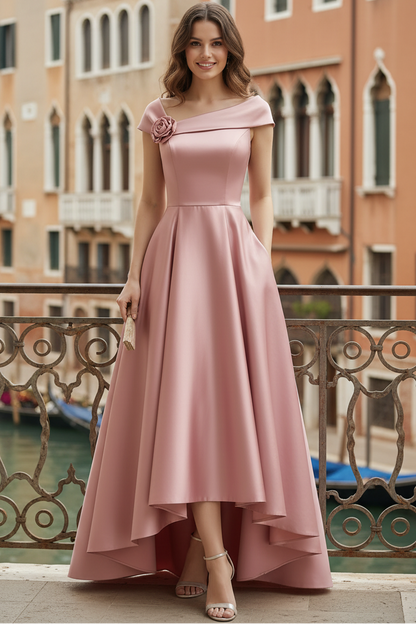 Asymmetrical-Neck Cap-Sleeves 3D-Floral Satin Pleated High-Low A-Line Evening Dress