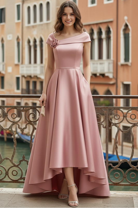 Asymmetrical-Neck Cap-Sleeves 3D-Floral Satin Pleated High-Low A-Line Evening Dress