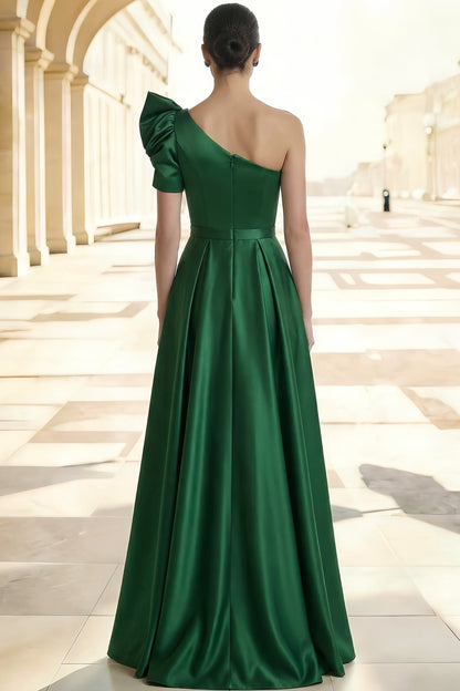 Asymmetrical-Neck Sleeveless Satin Pleated Ankle-Length Mermaid Evening Dress with Bow