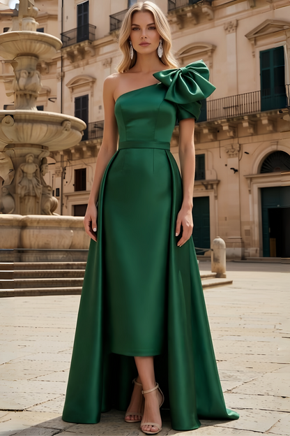 Asymmetrical-Neck Sleeveless Satin Pleated Ankle-Length Mermaid Evening Dress with Bow