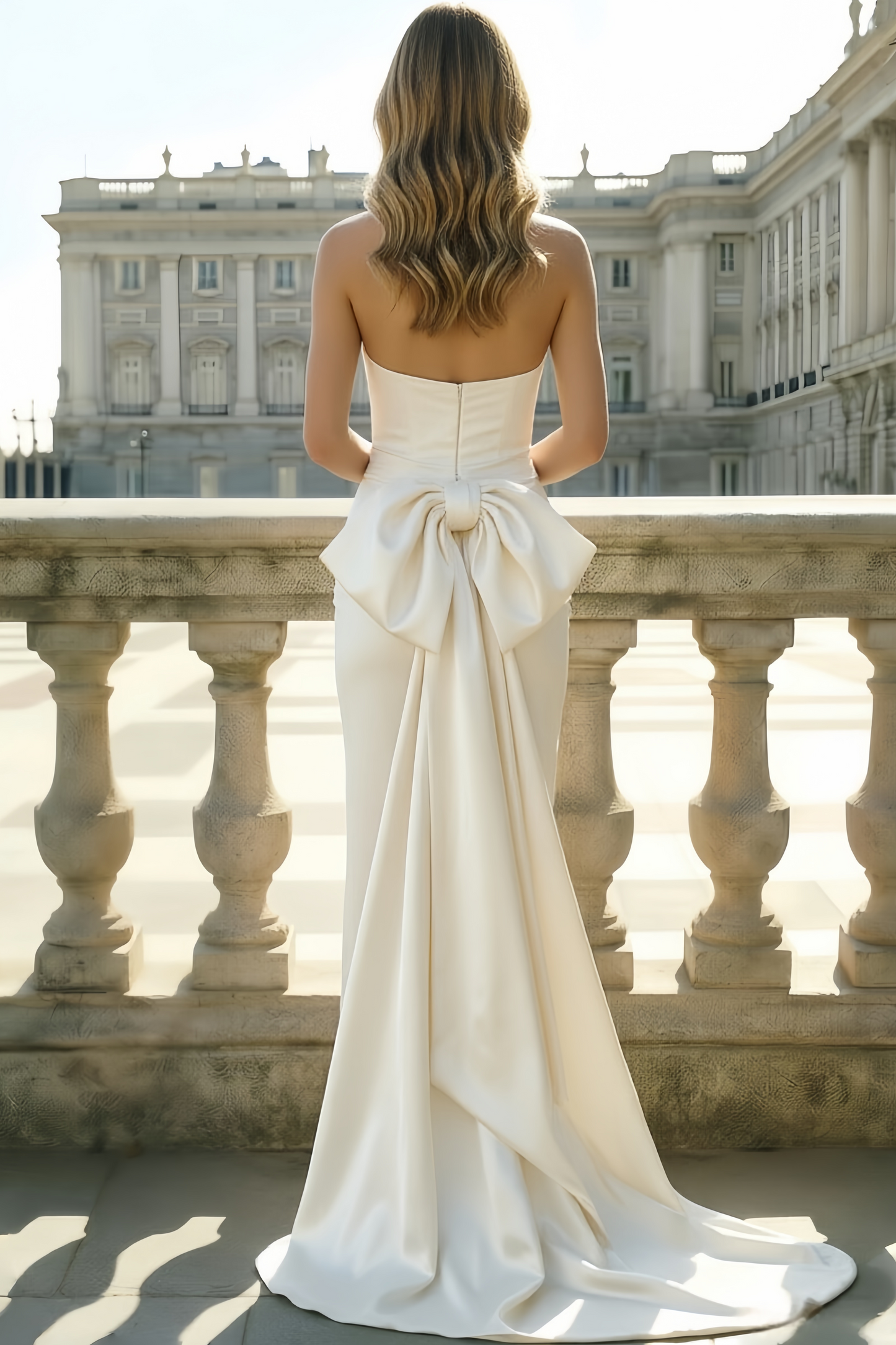 Simple Tube Top Off-Shoulder Sleeveless Satin Ankle-Length Mermaid Evening Dress with Big Bow