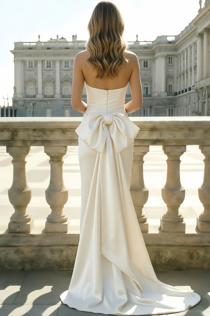 Simple Tube Top Off-Shoulder Sleeveless Satin Ankle-Length Mermaid Evening Dress with Big Bow