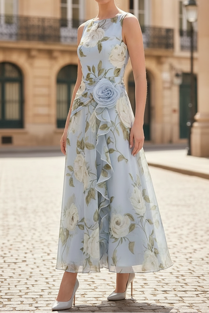 Scoop-Neck Sleeveless 3D-Floral Print-Tulle Pleated Ankle-Length A-Line Mother of the Bride Dress