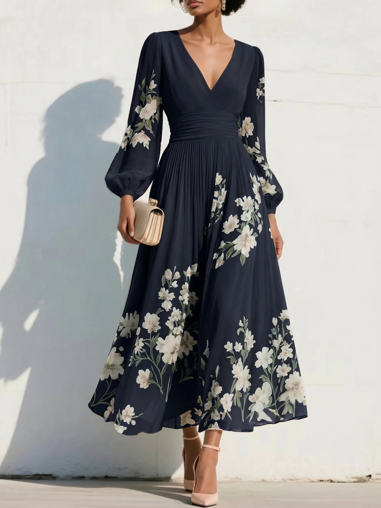 V-Neck Long-Sleeves Print-Chiffon Pleated Tea-Length A-Line Mother of the Bride Dress