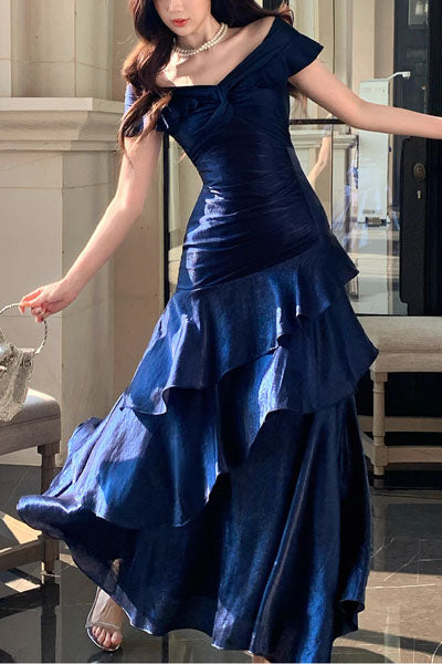 V-Nesk Off-Shoulder Sleeveless Chiffon Pleated Tiered Floor-Length A-Line Prom Dress