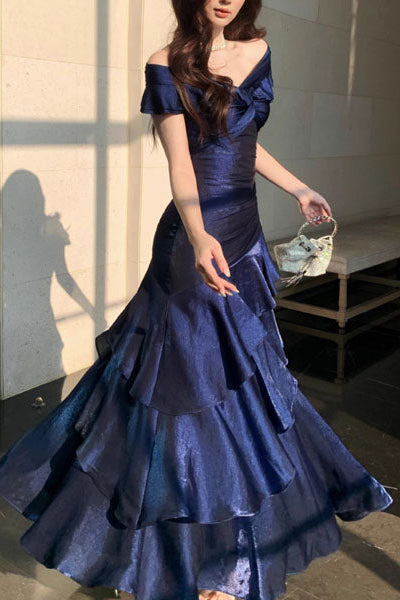 V-Nesk Off-Shoulder Sleeveless Chiffon Pleated Tiered Floor-Length A-Line Prom Dress